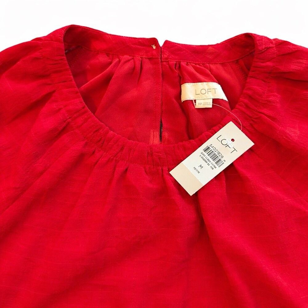 LOFT Red Blouse Womens Medium NWT Peasant Top Smocked Sleeve Stretch Lightweight - Picture 2 of 5